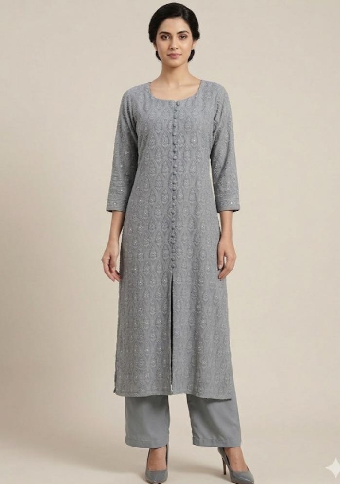 Women’s Pure Georgette Chikankari Kurti Set Embroidered Tunic Pants, Plus Sizes