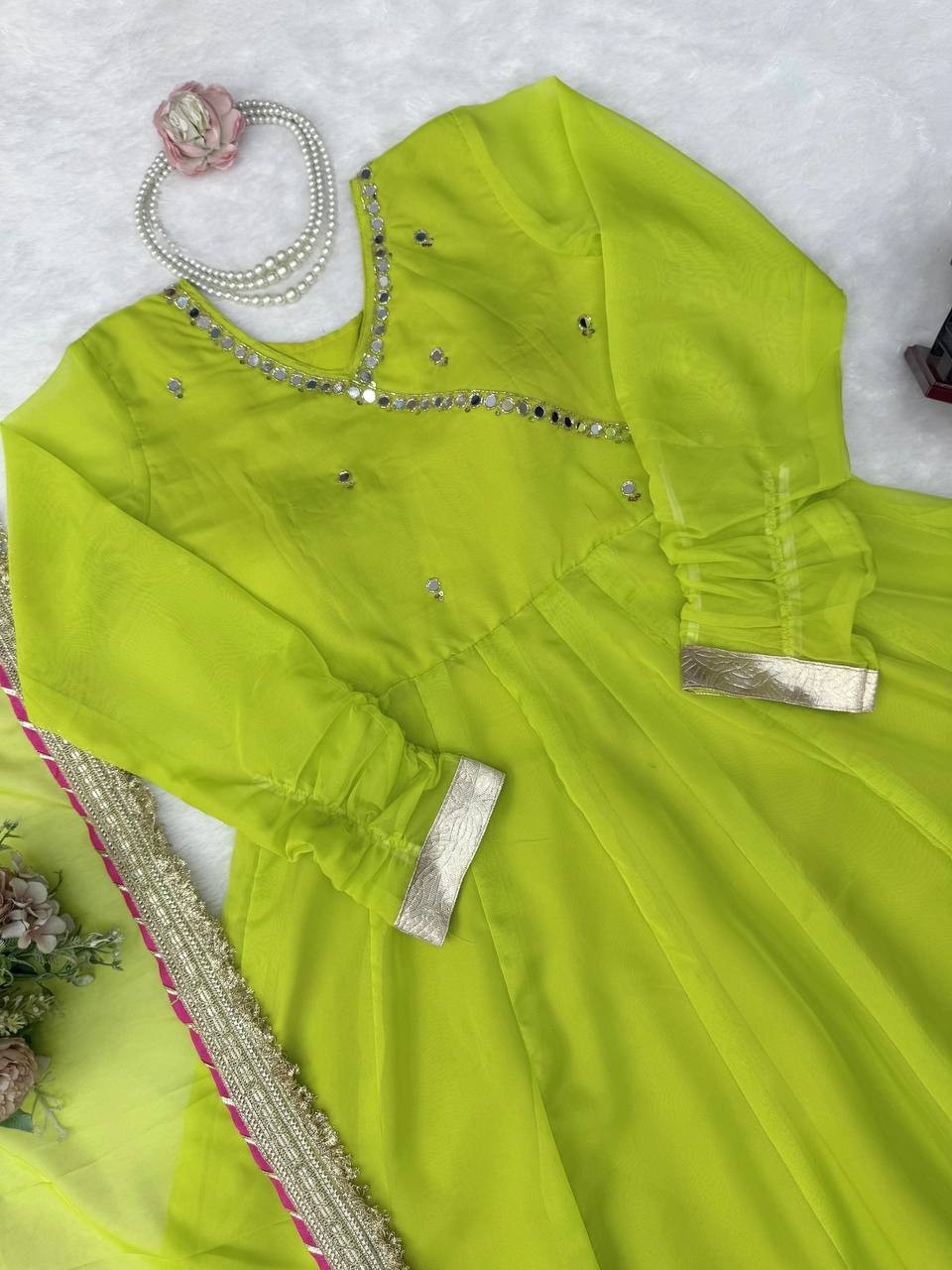 New Tabby Organza Silk Parrot Green Top Lehenga With Dupatta For Ethnic Wear