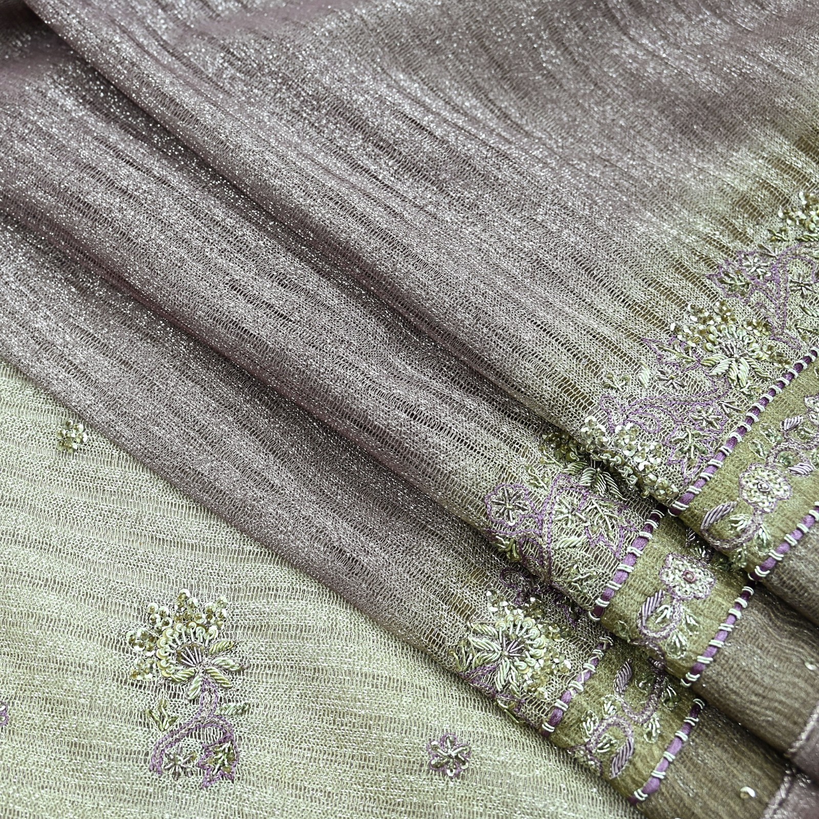Vintage Silver & Purple Saree Net/Mesh Hand Embroidered Sari Zardozi Fabric 5Yd