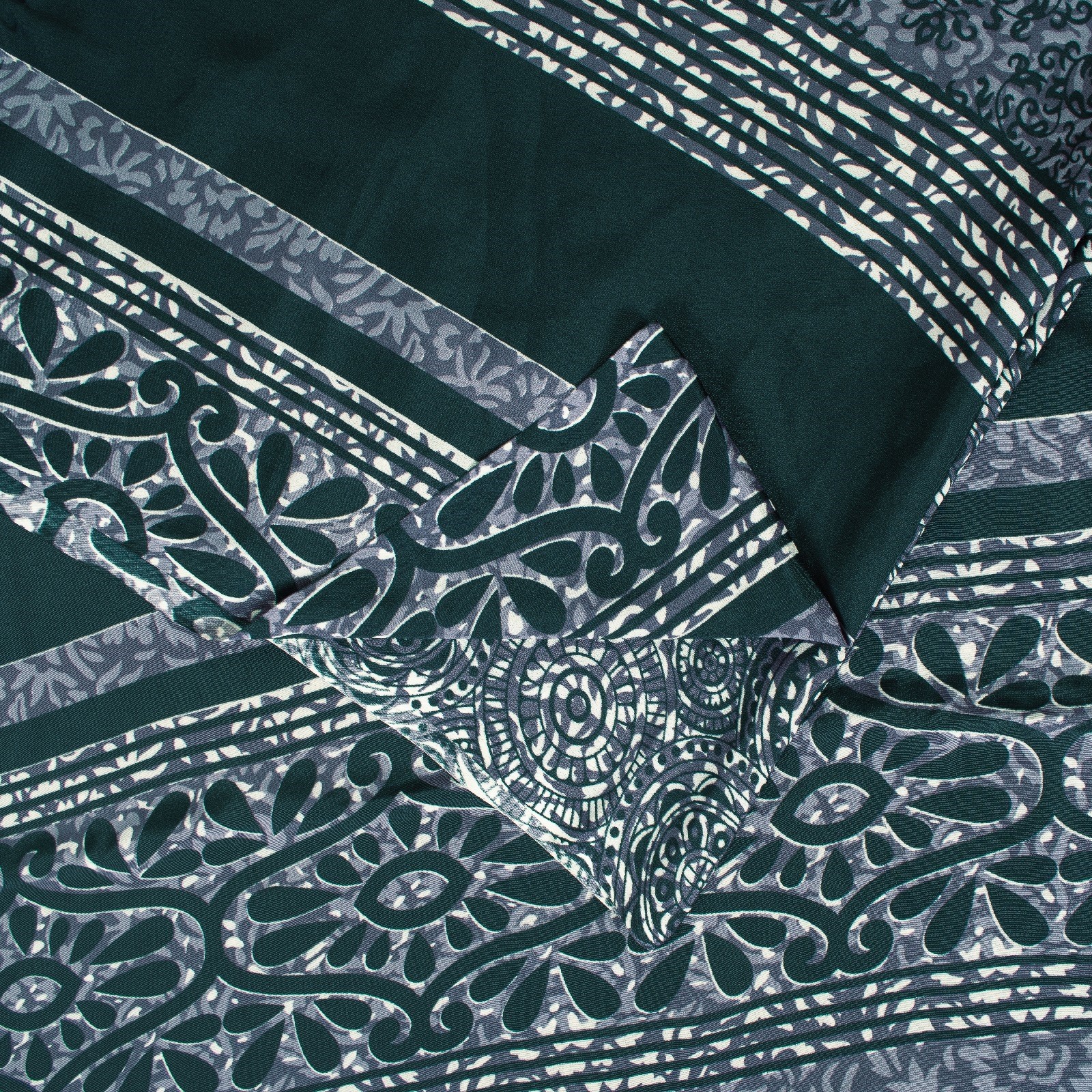 Sanskriti Vintage Sarees Gray & Green Moss Crepe Floral Printed 6+Yd Fabric Sari