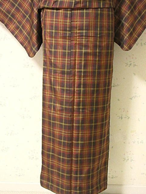 Kimono Tartan Check Silk Robe Size 9 Elegant Coffee Wine Ochre AllSeason Vintage