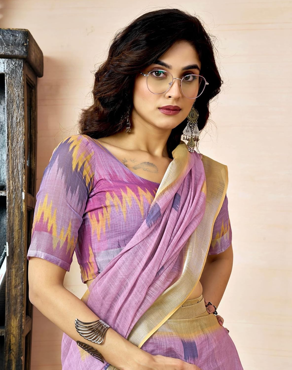 Women’s Cotton Linen Printed Ready To Wear With Pocket Saree with Blouse Piece