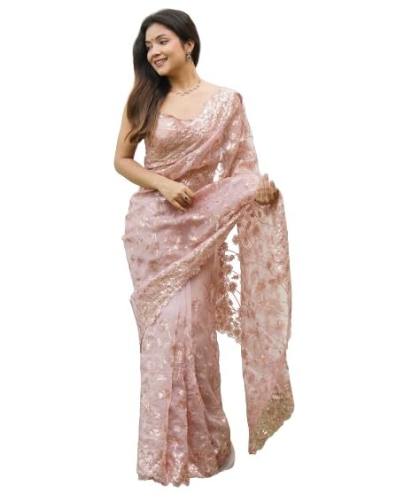 Women’s Latest Skin Color Organza Saree With Blouse Indian Attire