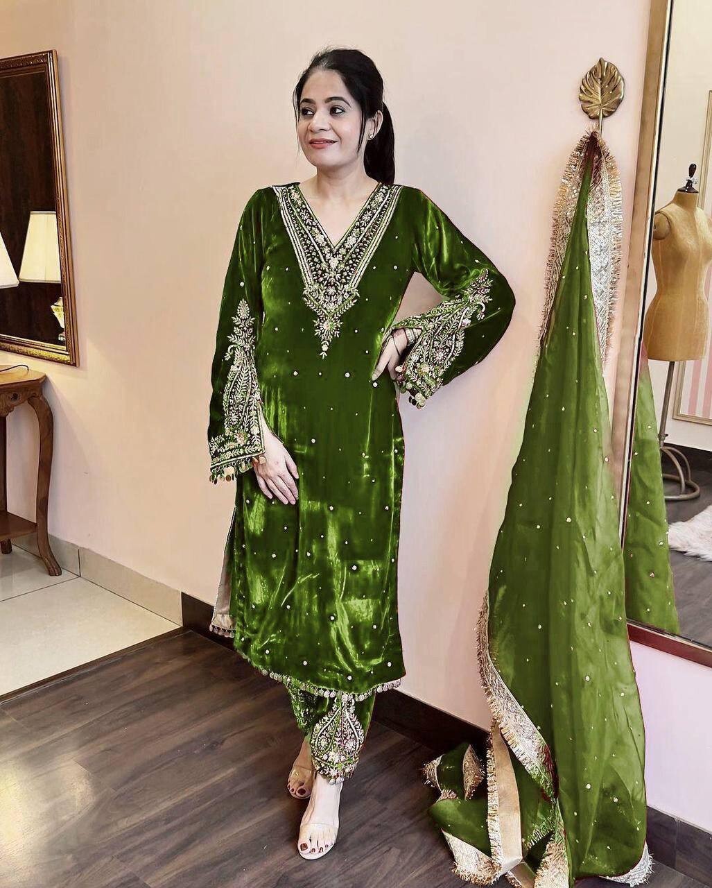 Fancy Heavy Viscose Velvet Palazzo Suit With Dupatta For Wedding & Party