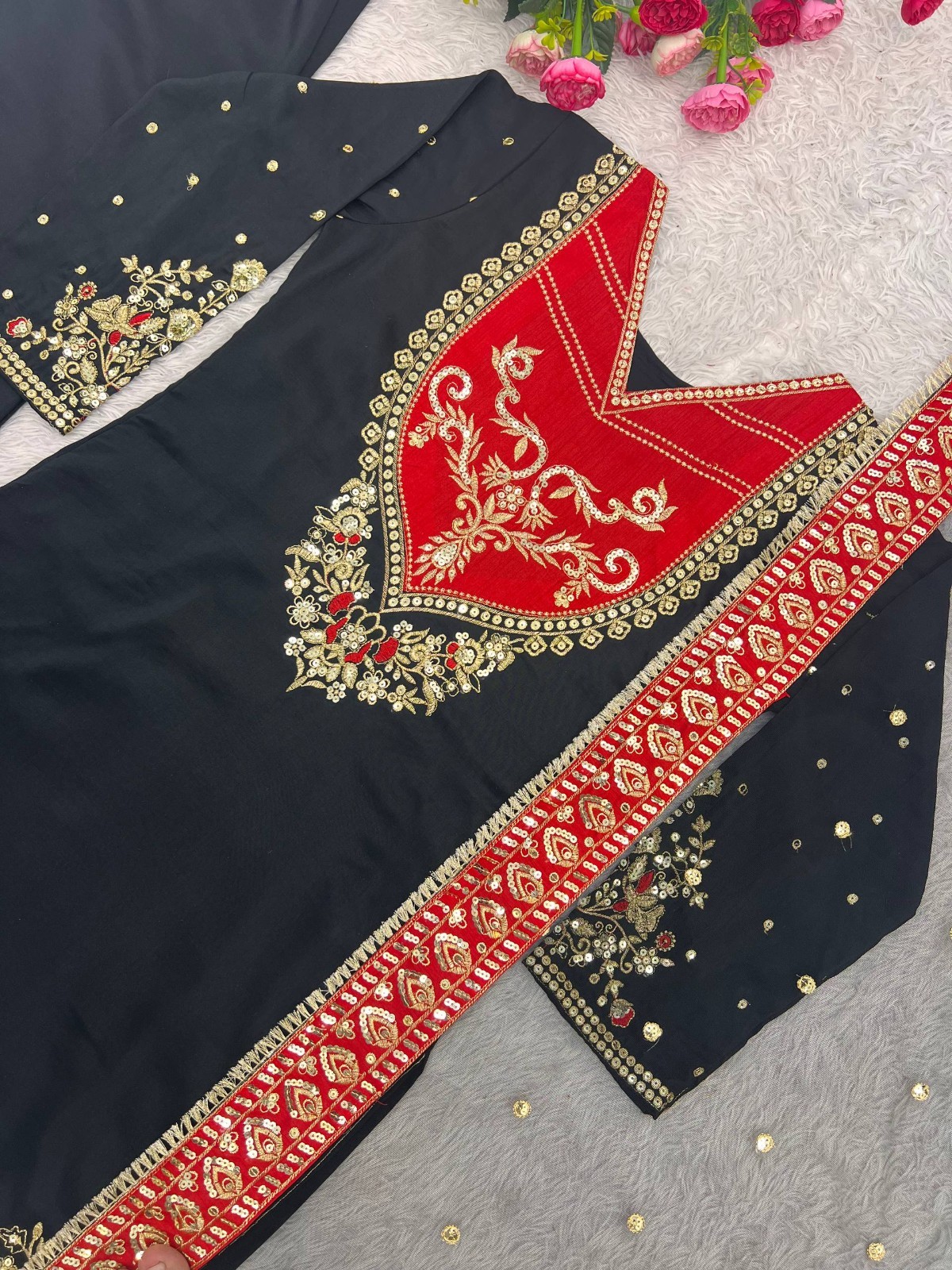 New Collection Black Maska Cotton Kurta Palazzo With Net Dupatta For Women