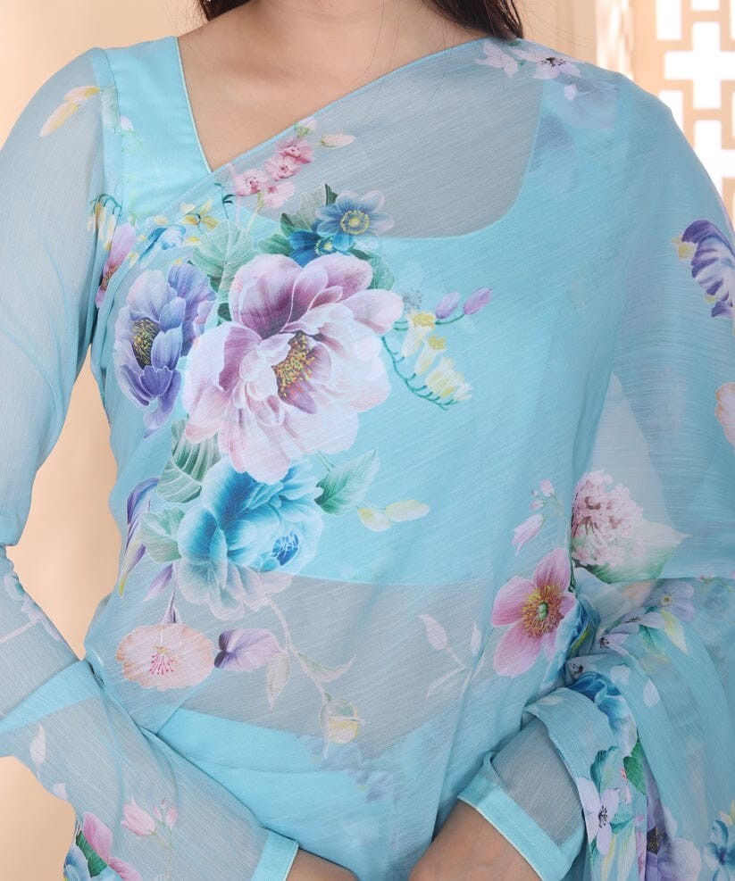 Sky Blue Color Flower Printed Georgette Women’s Ready To Wear Saree Blouse Piece