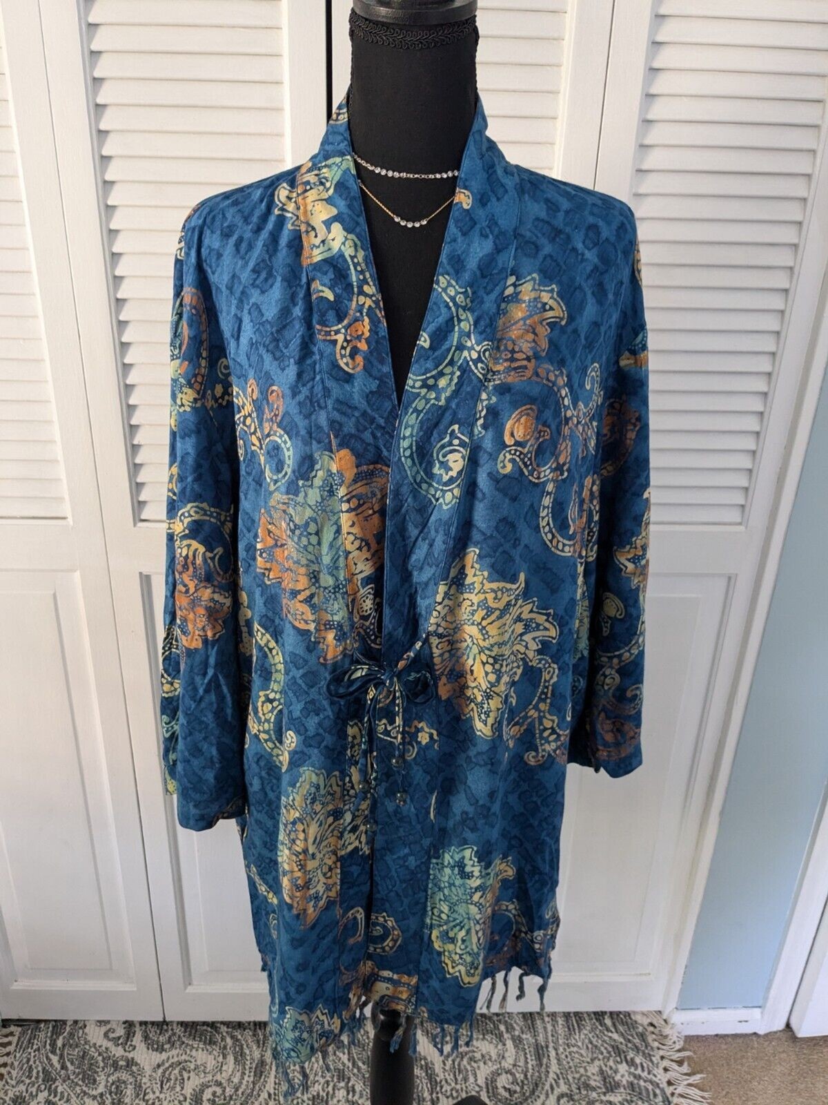 Globe Trotter Batik Kimono Womens S Vtg Oversize BlueGold Boho Jacket Art Top