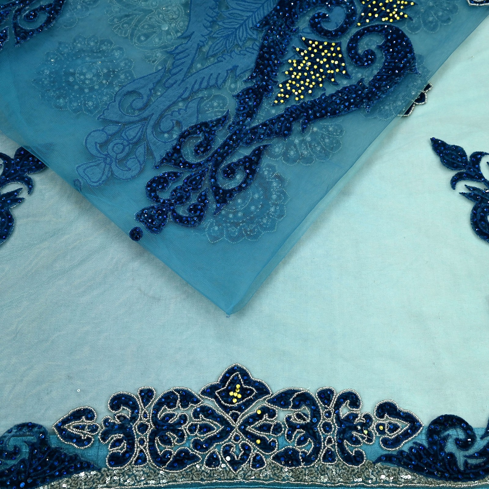 Vintage Heavy Sari Blue Net/Mesh Hand Embroidered Sarees Craft Fabric 6Yd Ethnic