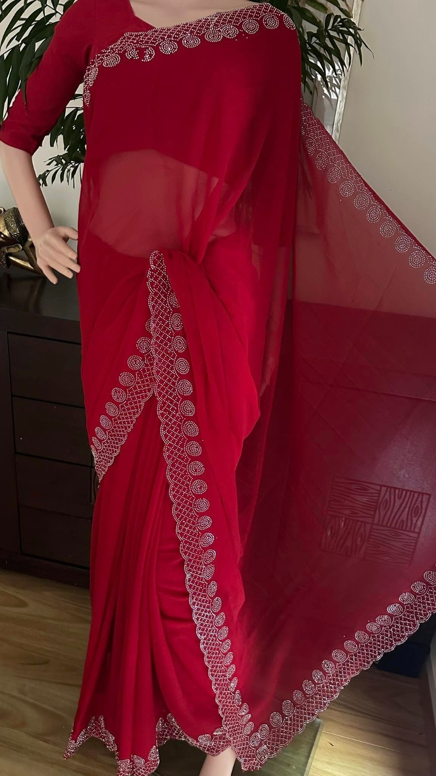 Red georgette saree stone in border for festival 9