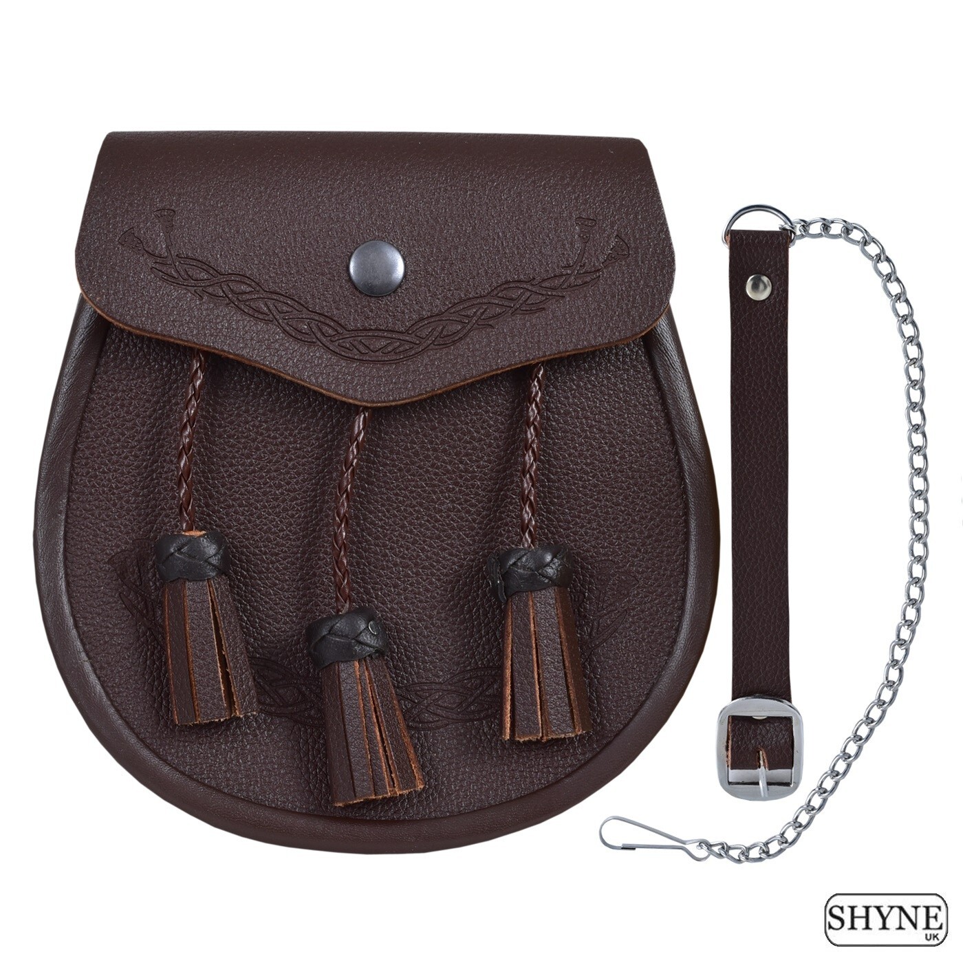 Brown Embossed Celtic Classic Leather Kilt Sporran Free Chain Strap