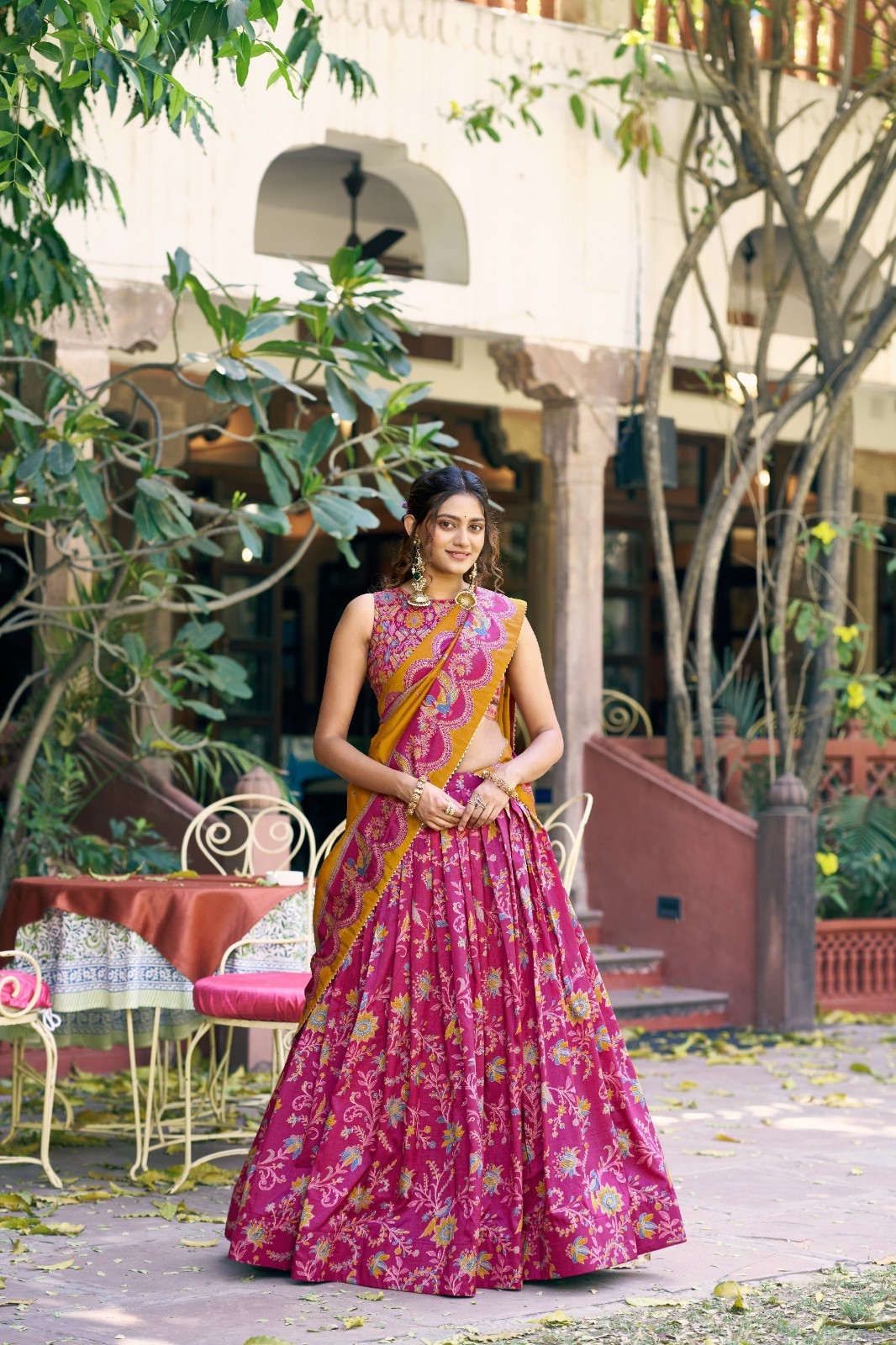 Women’s Rani Pink Floral Print Lehenga Choli Dupatta Set Festive Ethnic Outfit