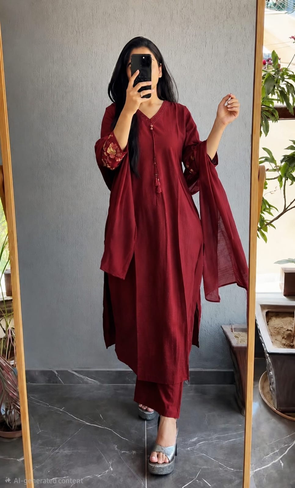 Women’s Maroon Kurta Pant Dupatta Set Indian Ethnic Suit Casual Festive