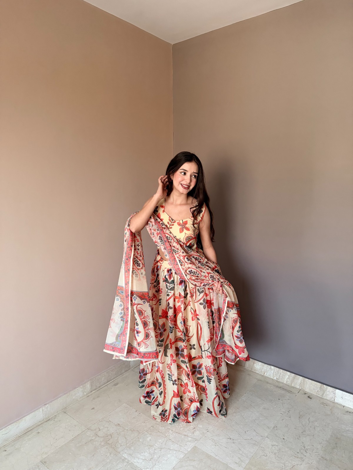 Pure Organza Floral Printed Lehenga Choli Set Intricate Hand Work Sleeveless