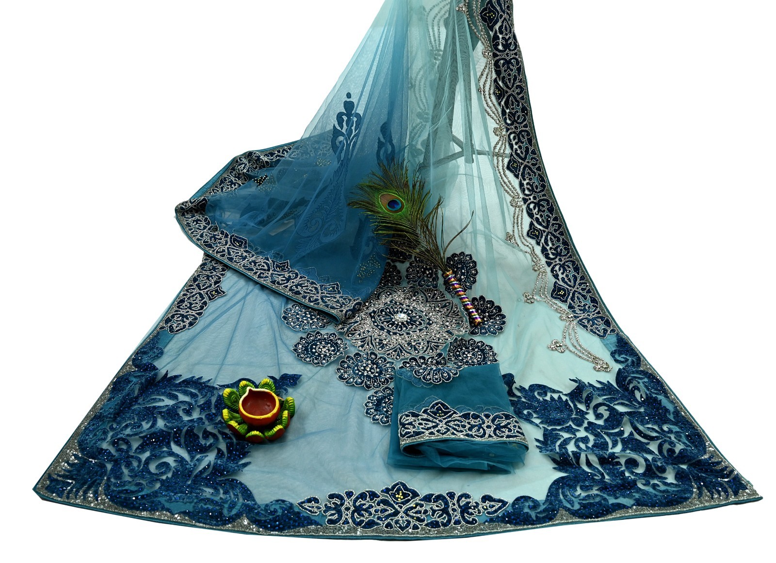 Vintage Heavy Sari Blue Net/Mesh Hand Embroidered Sarees Craft Fabric 6Yd Ethnic