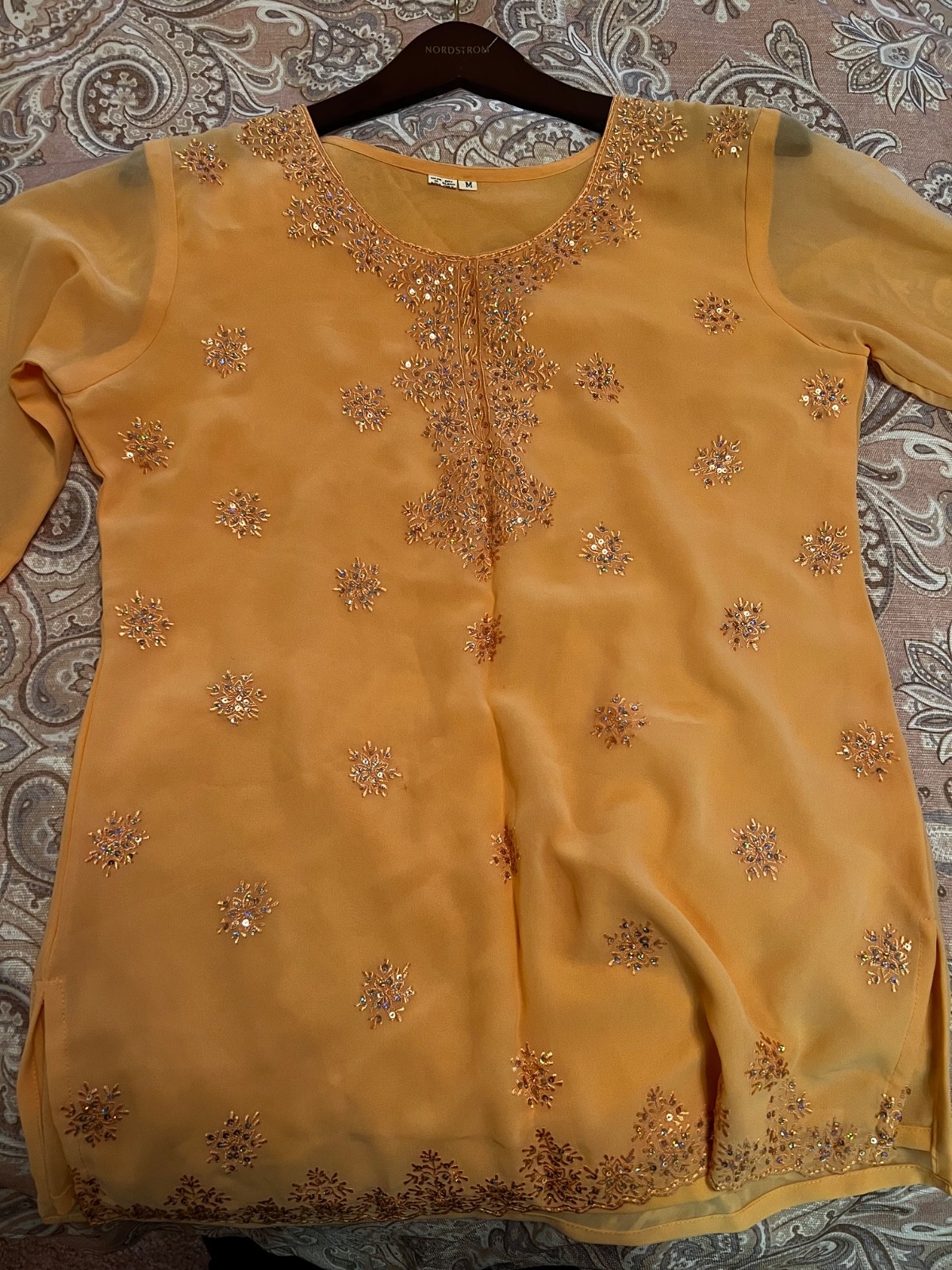 Peach Kurti top with embellishment and embroidery -Medium