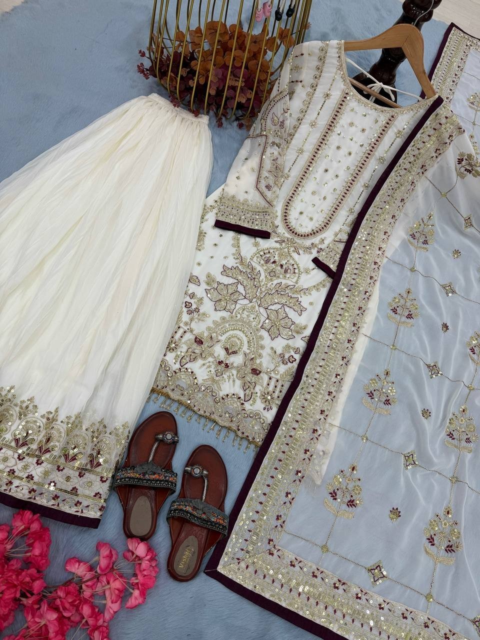 Designer Reception Wear Faux Georgette Kurta Palazzo With Dupatta For Women