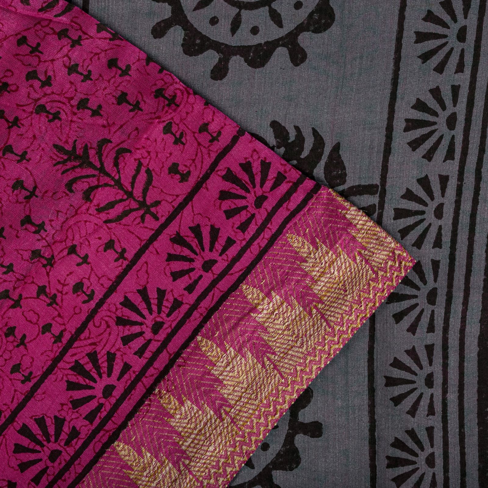 Sanskriti Vintage Pink Saree Cotton Silk Hand Block Printed 5.5+Yd Craft Fabric