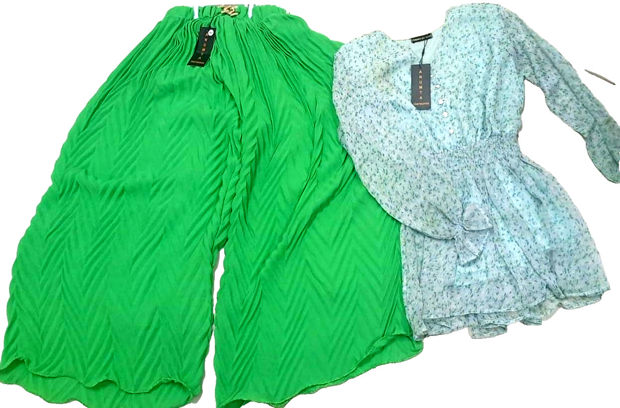 Mint floral printed top with Pleated emerald palazzo pant set for girls