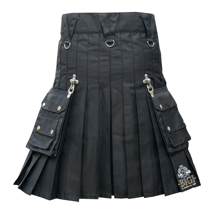 Men’s Black Gothic Kilt – Gothic Tactical Cotton Kilt with Detachable Pockets