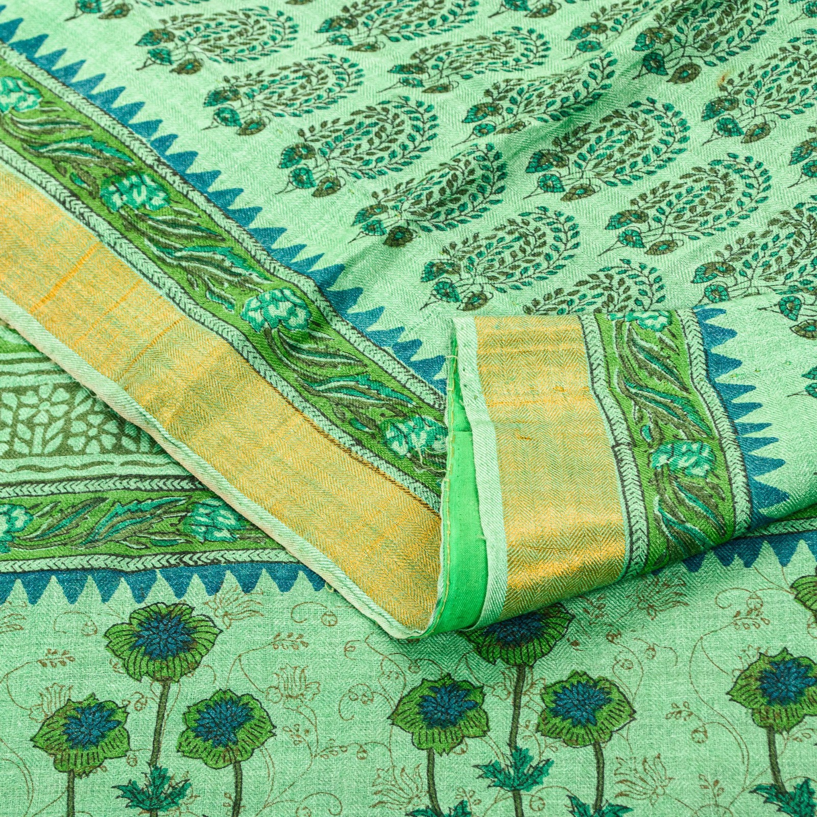 Sanskriti Vintage Sarees Fabric Green Pure Woolen Hand Block Printed 5+YD Sari