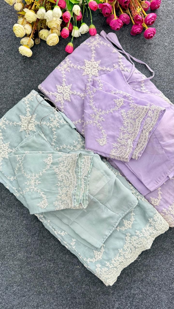 Exclusive soft organza saree with heavy with complete parsi work summer bliss