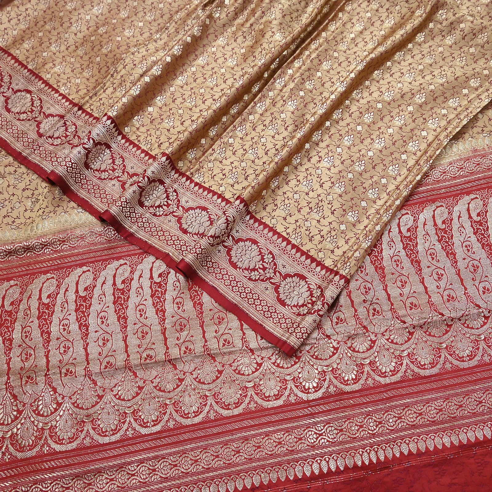 Vintage Banarasi Saree Pure Satin Silk Woven Brocade Zari Fabric Beige & Red 5yd