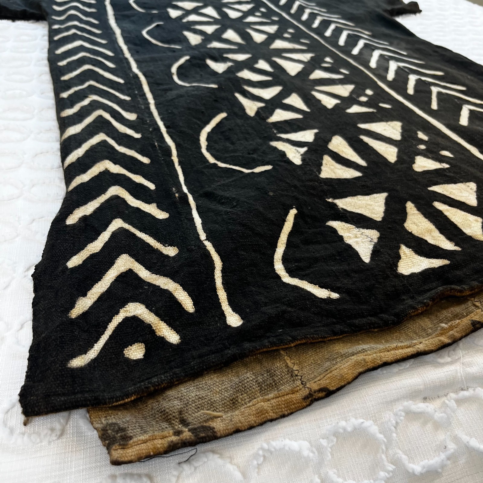 Traditional West African Bogolanfini Mud Cloth Tunic Dress Black Brown Geometric