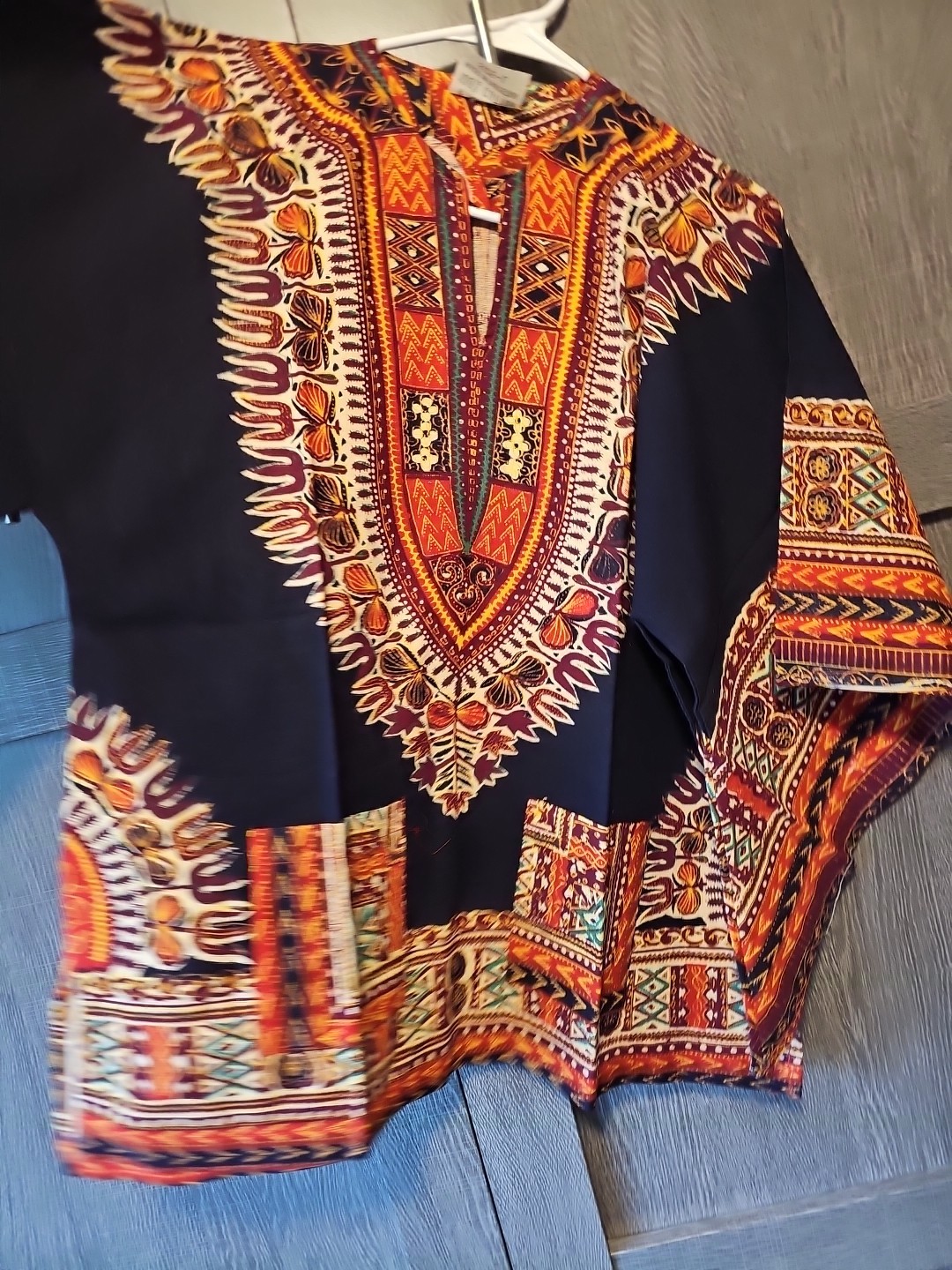 NEW VTG 70s KAFTAN Dress Dashiki AFRICAN Print BELL Sleeve HIPPIE XL BLACK