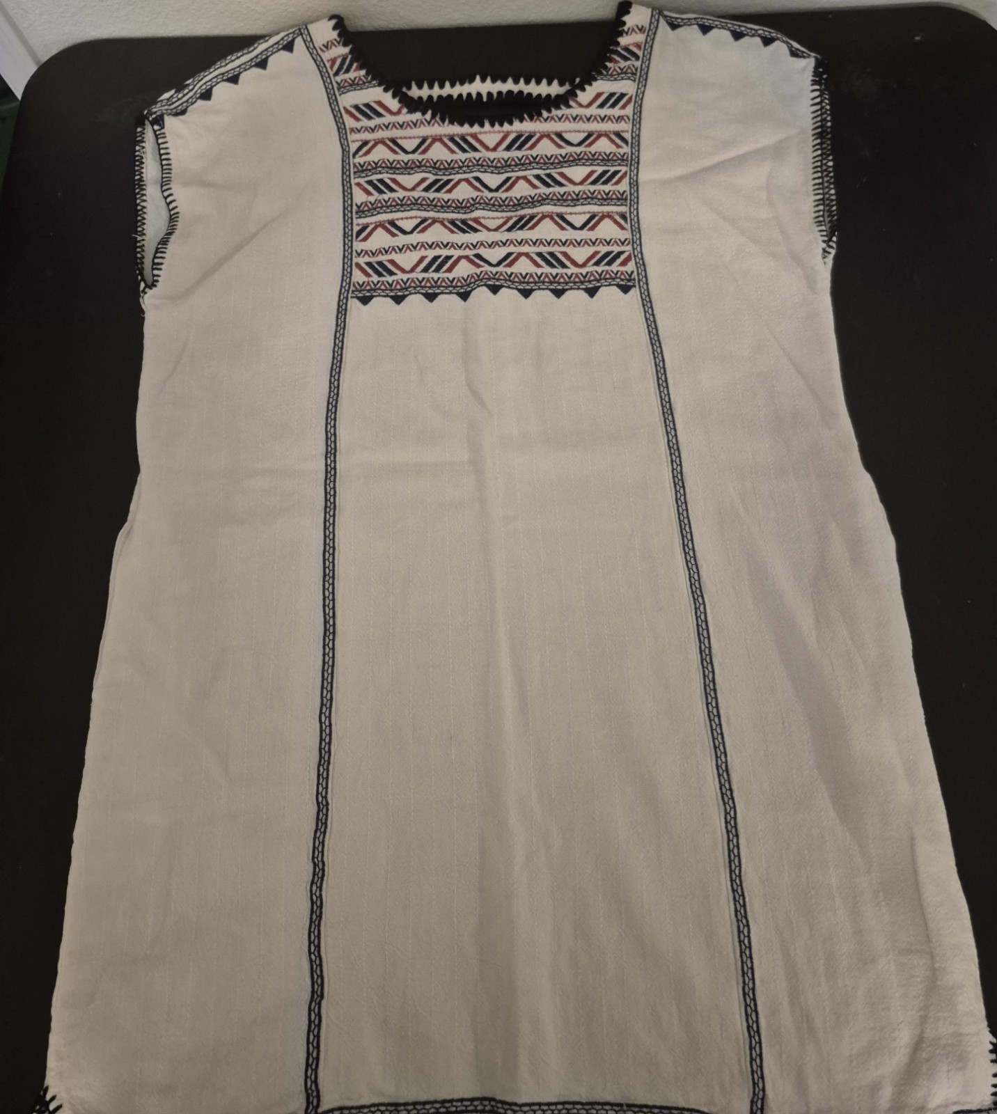 White Cotton Huipil with Embroidered Neckline, Traditional Embroidery