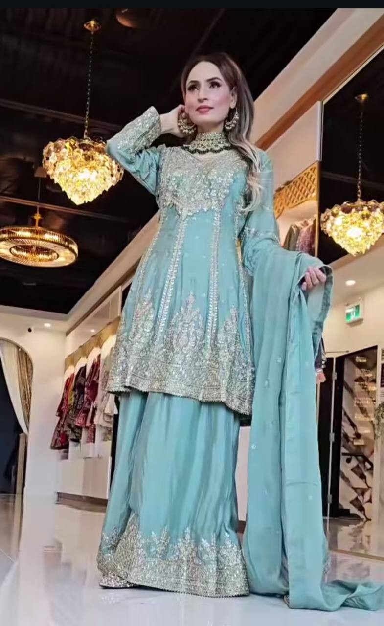 Beautiful Designer Powder Blue Chinon Silk Kurta Palazzo With Dupatta For Women
