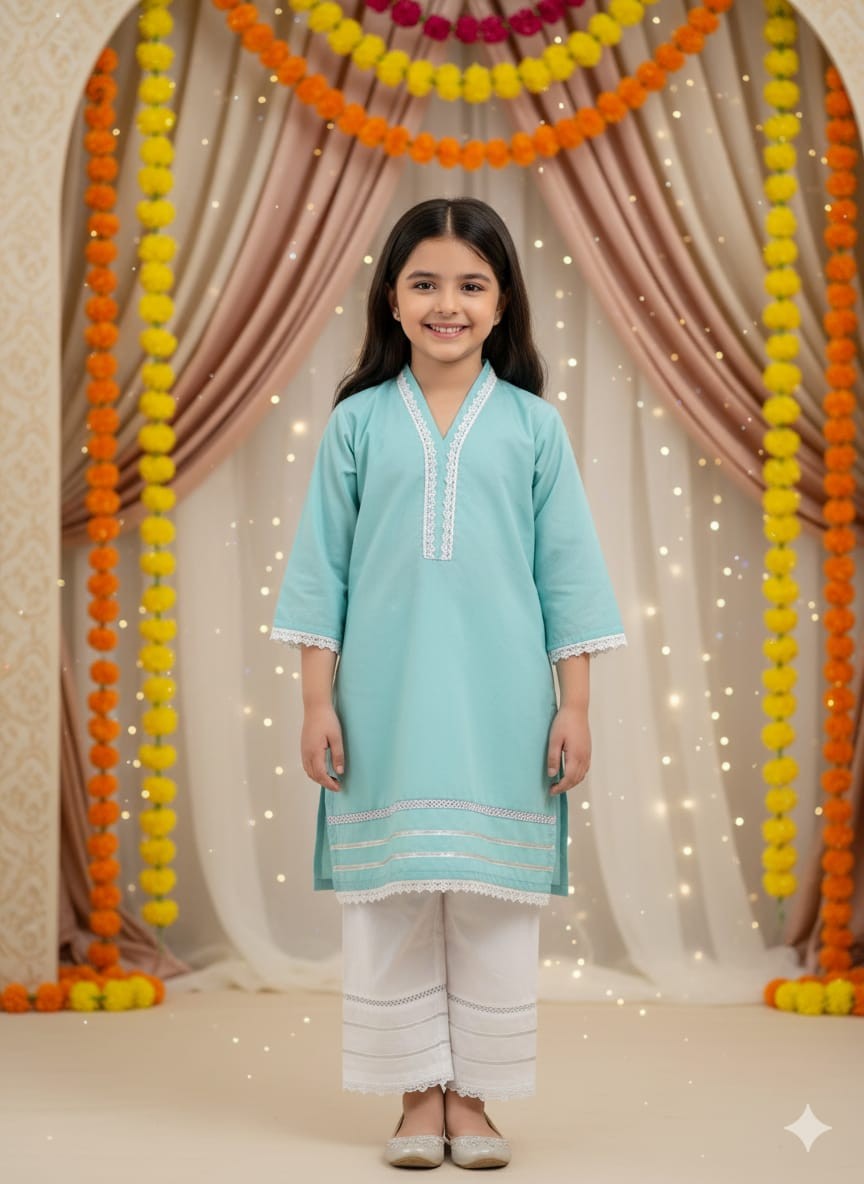 Hand-made Lace work Sky Green & White 3-Piece Shalwar Kameez & Net dupatta 26″