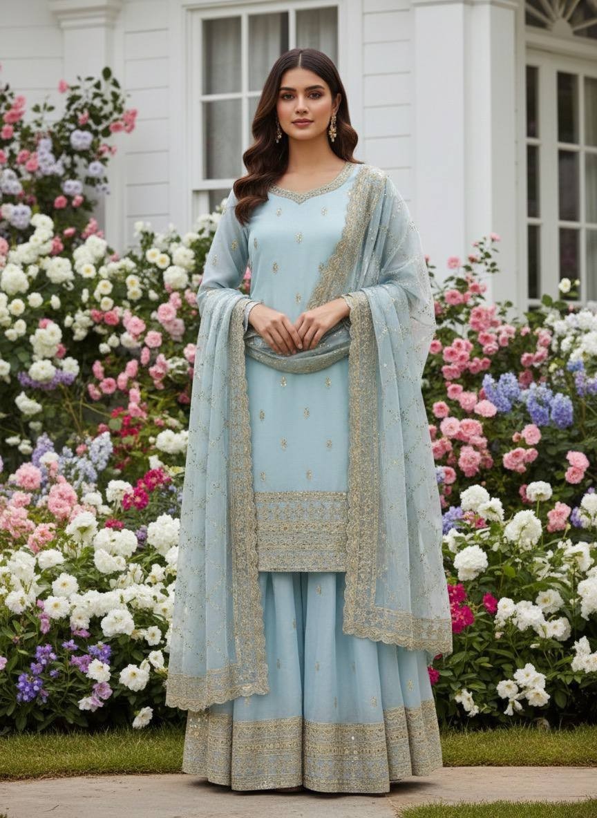 Latest Presenting Silk Sky Blue Top Palazzo With Dupatta For Indian Party Wear