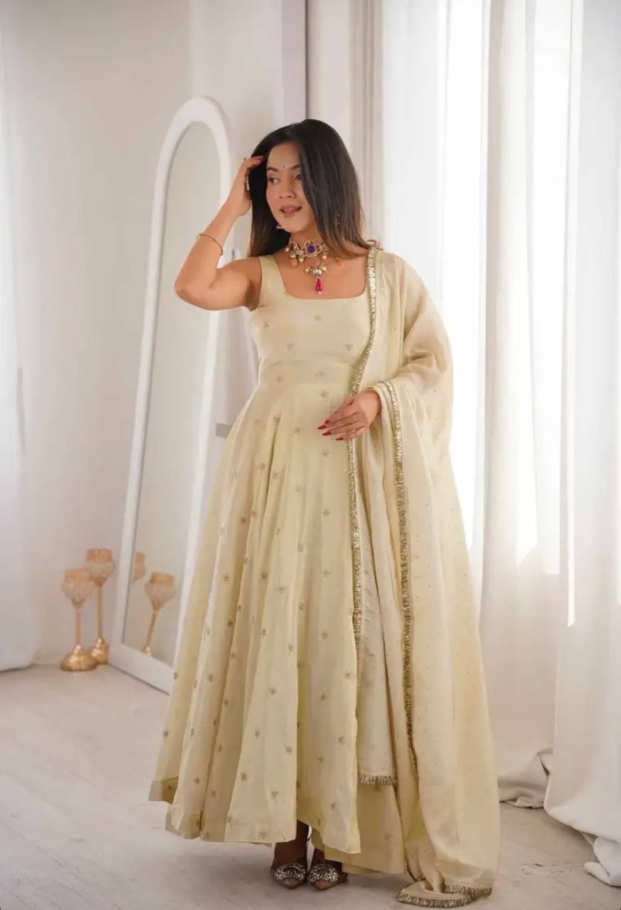 New Launching Cosmos Gold Cream Gown Bottom With Dupatta For Function Wear
