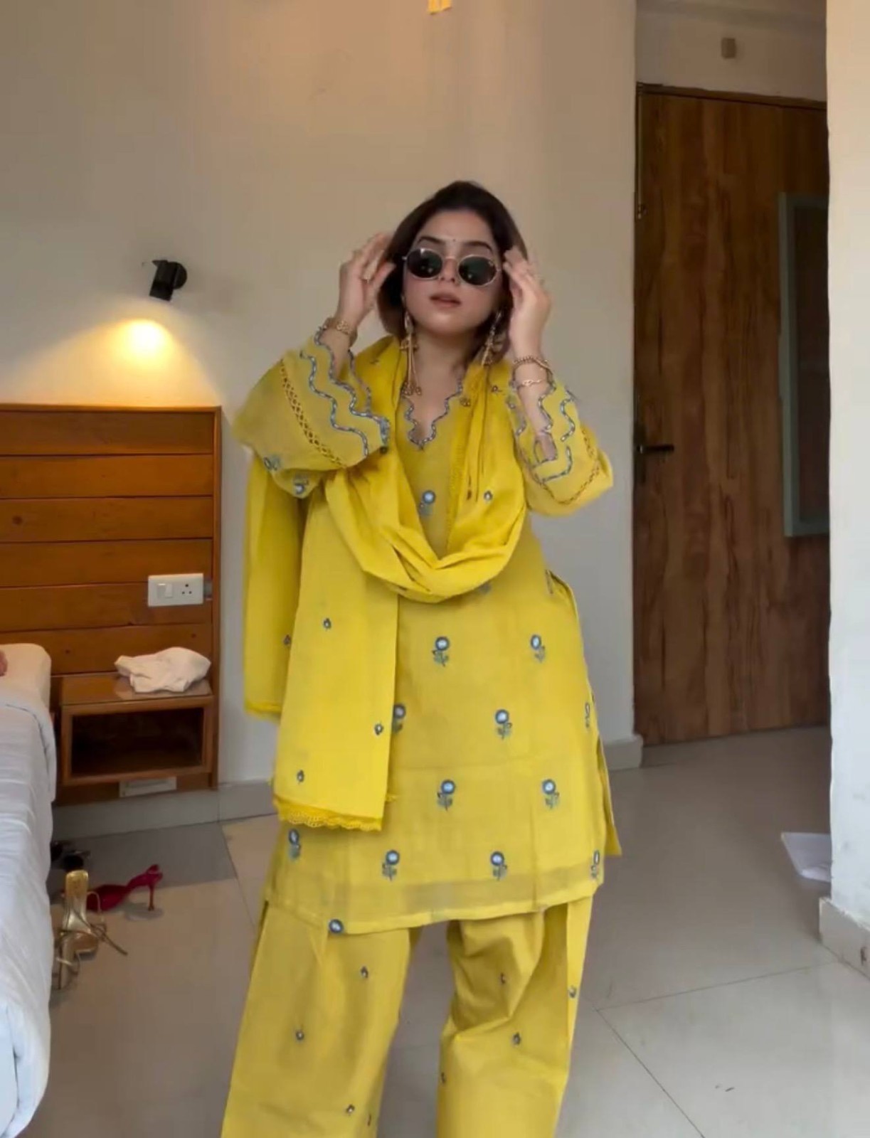 Indian Designer Yellow Chanderi Kurta Pant Dupatta Set Party Ethnic Wear Women