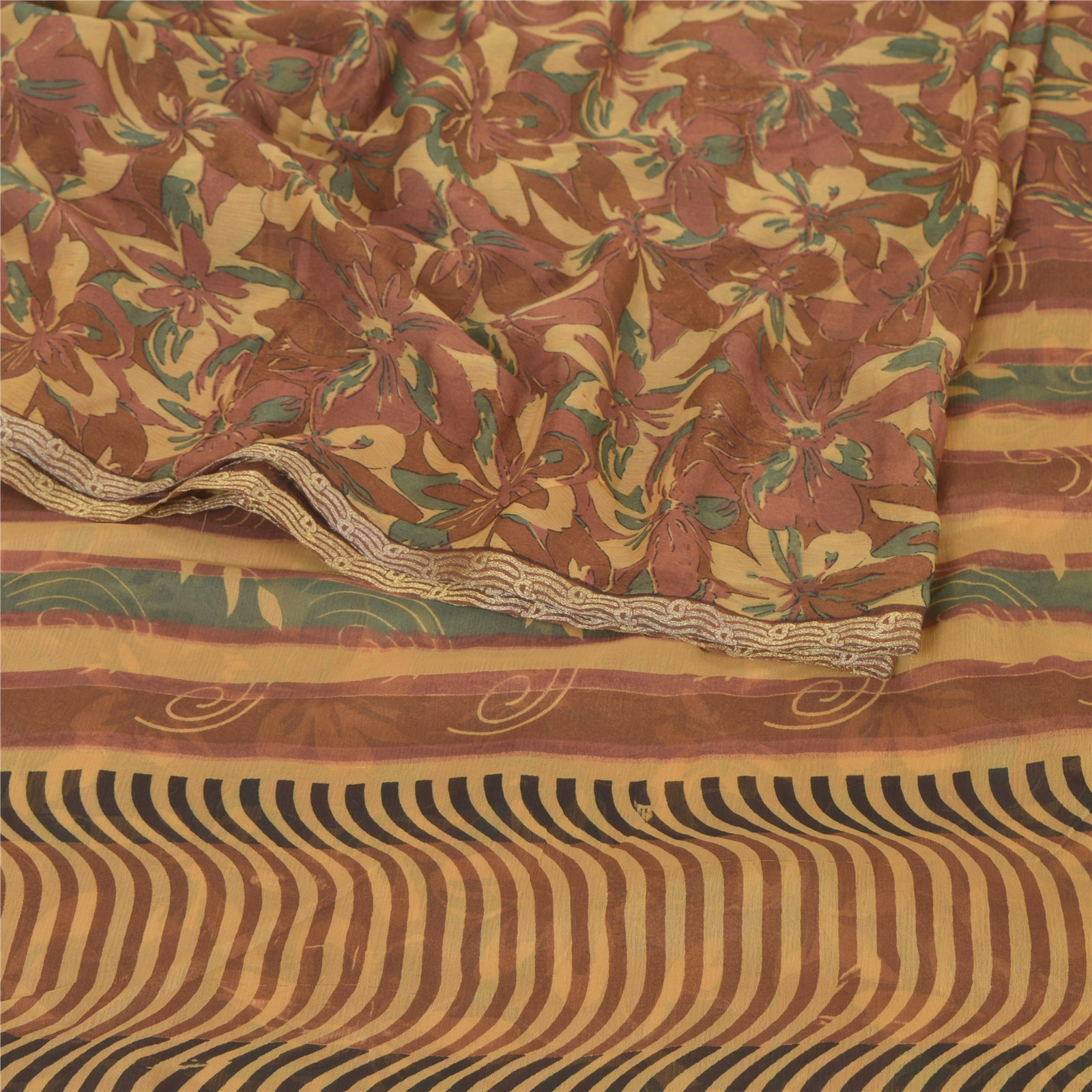 Sanskriti Vintage Brown Sarees Chiffon Silk Printed Fabric Craft 5 Yard Sari