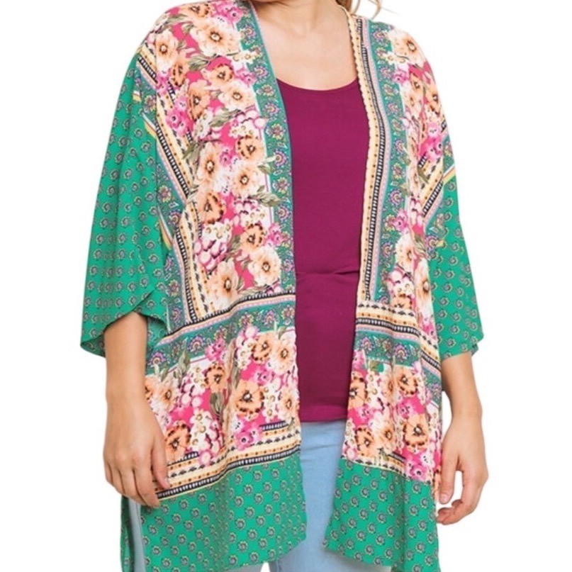 Umgee Floral Paisley Kimono Cardigan Womens 1XL Green Pink Boho Festival Gypsy
