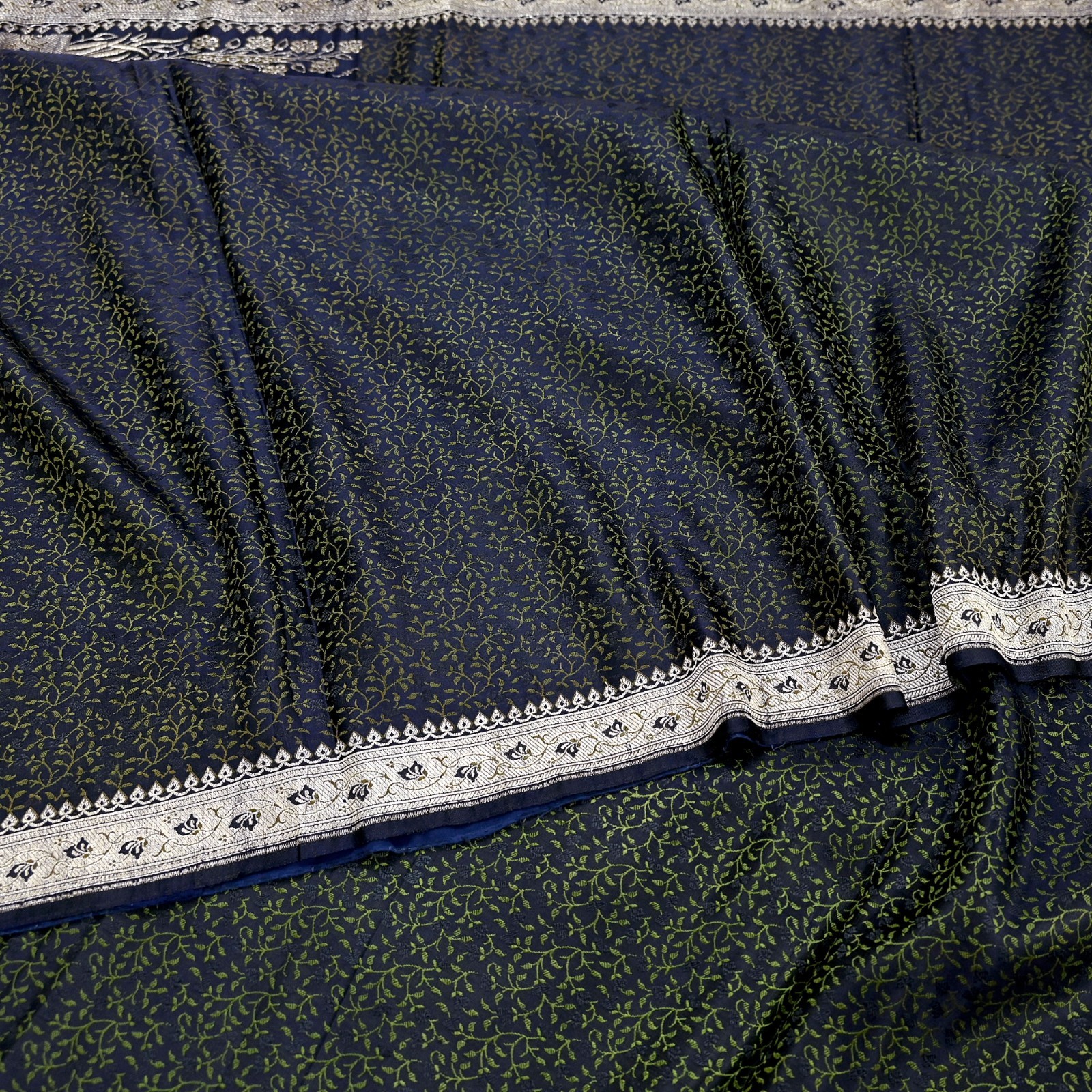 Indian Vintage Sari Blue Heavy Pure Satin Silk Woven Banarasi Tanchoi Sari 5yd