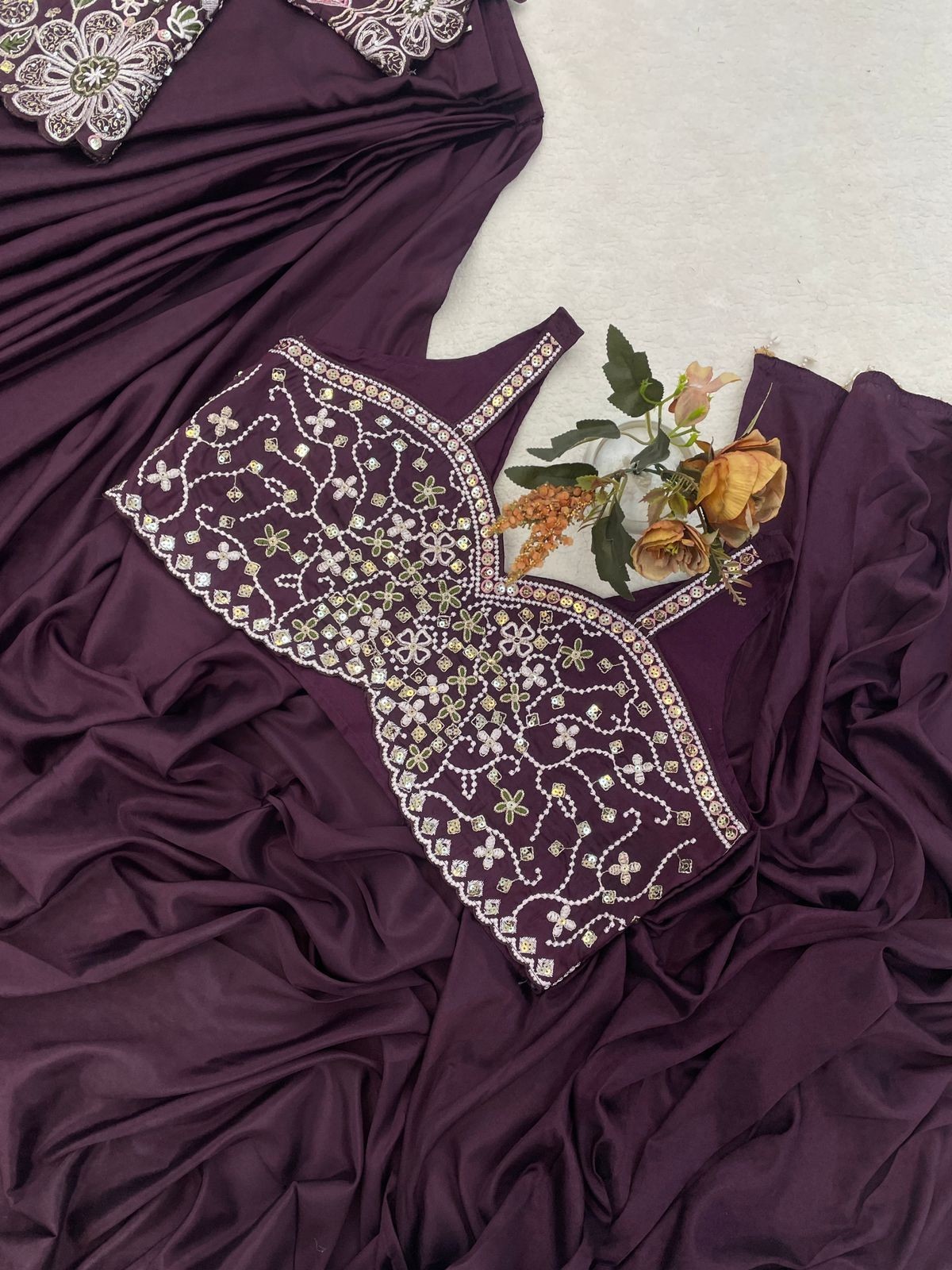 WINE COLOR CREPE SILK BORDER WORK READY TO WEAR SAREE STITCHED BLOUSE SARI KOTIS