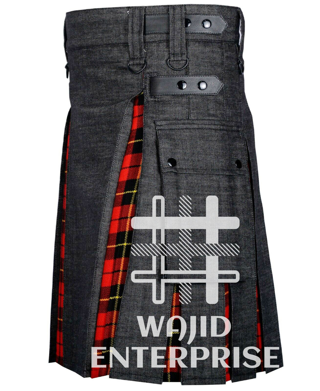 Scottish handmade Wallace tartan with Black Denim Hybrid Utility Kilts For Men’s