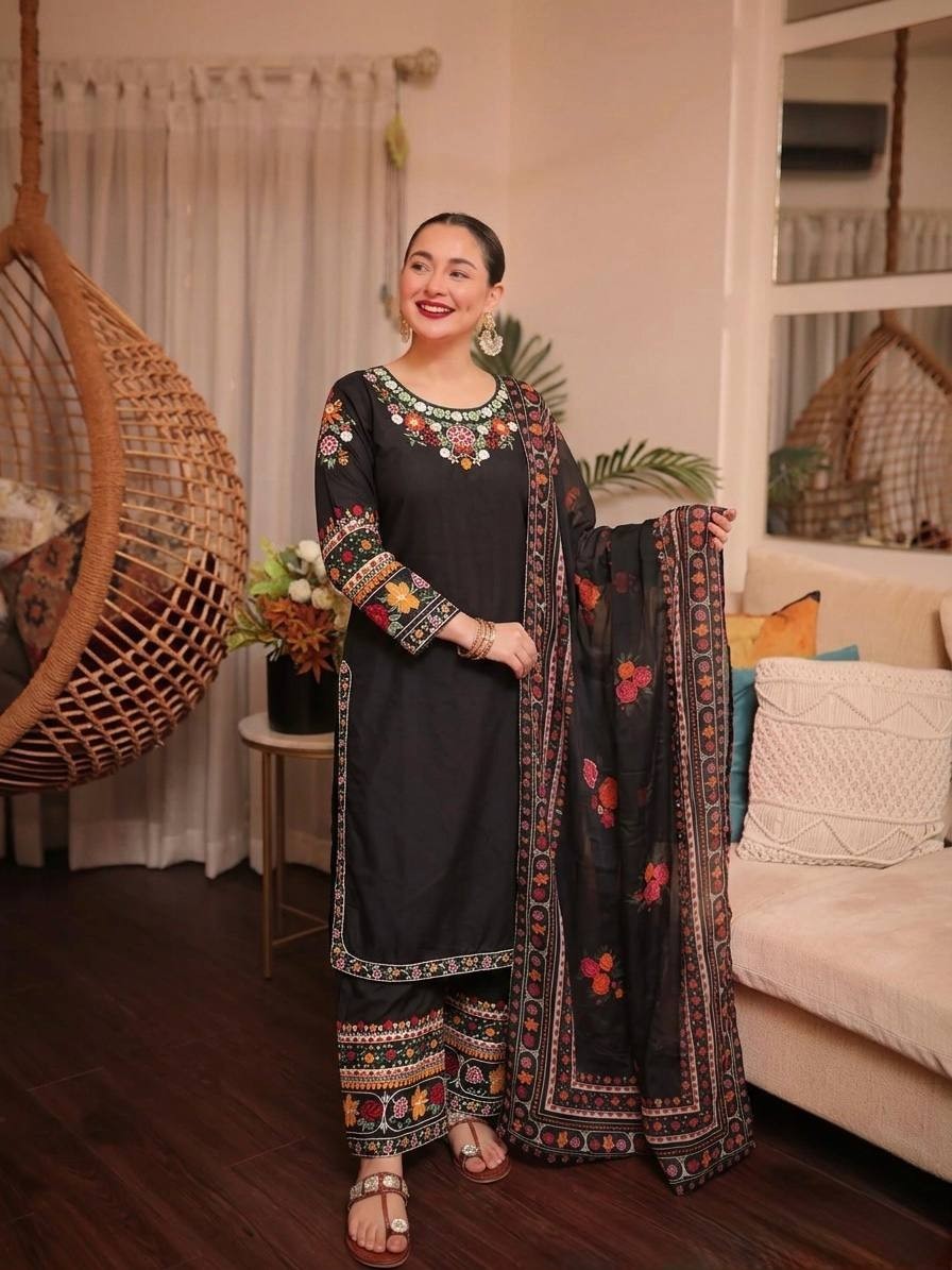 Ethnic Wear Black French Crepe Salwar Kameez With Dupatta For Women