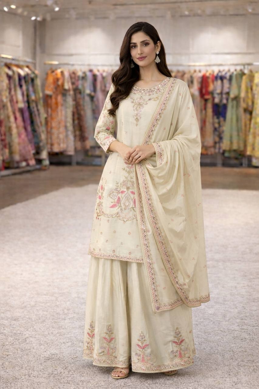 Eid Reception Party Wear Chinon Silk Sharara Plazzo Suit