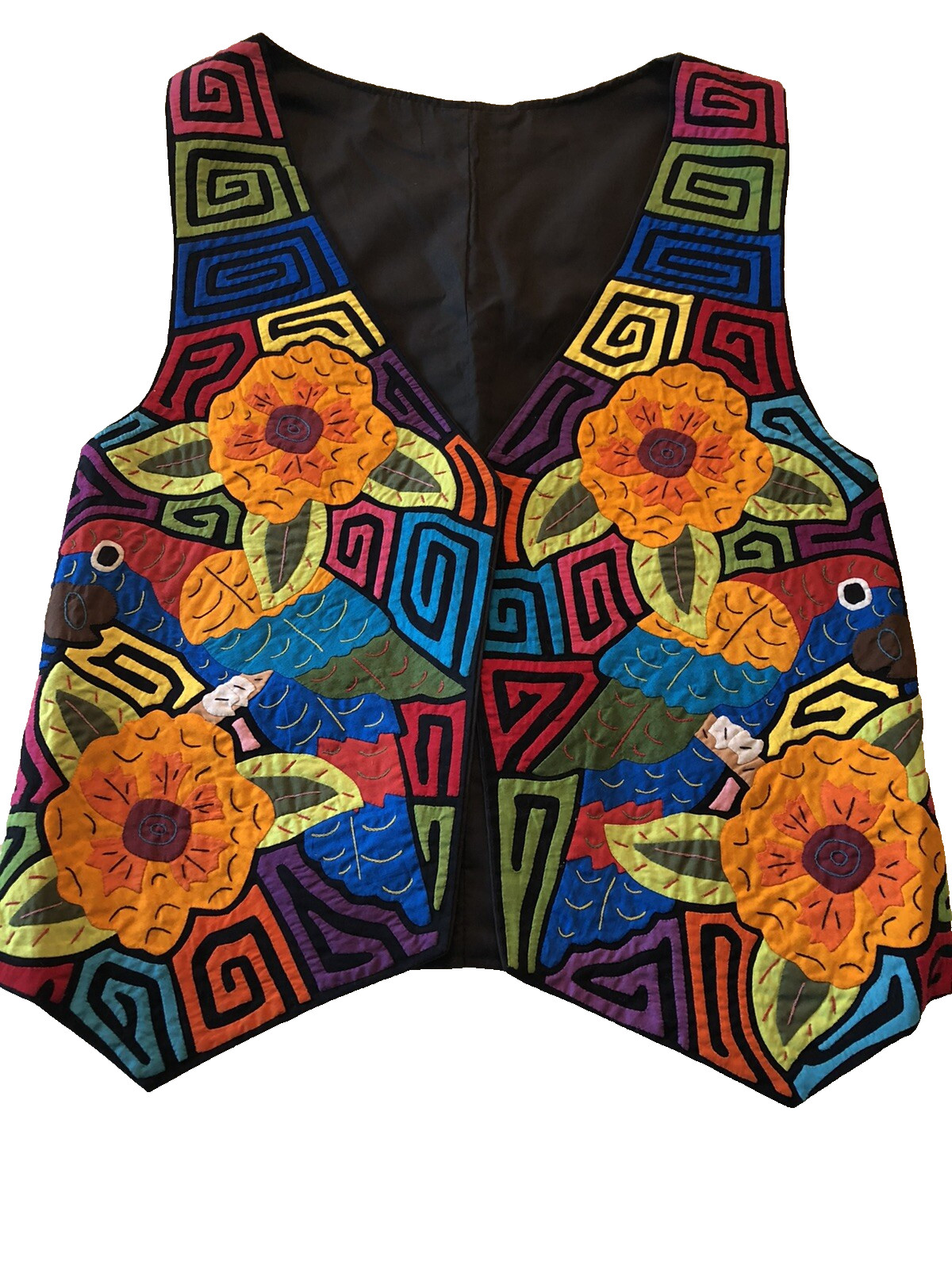 Colorful Panama Mola Vest Handmade appliqued Parrot flowers – unisex large