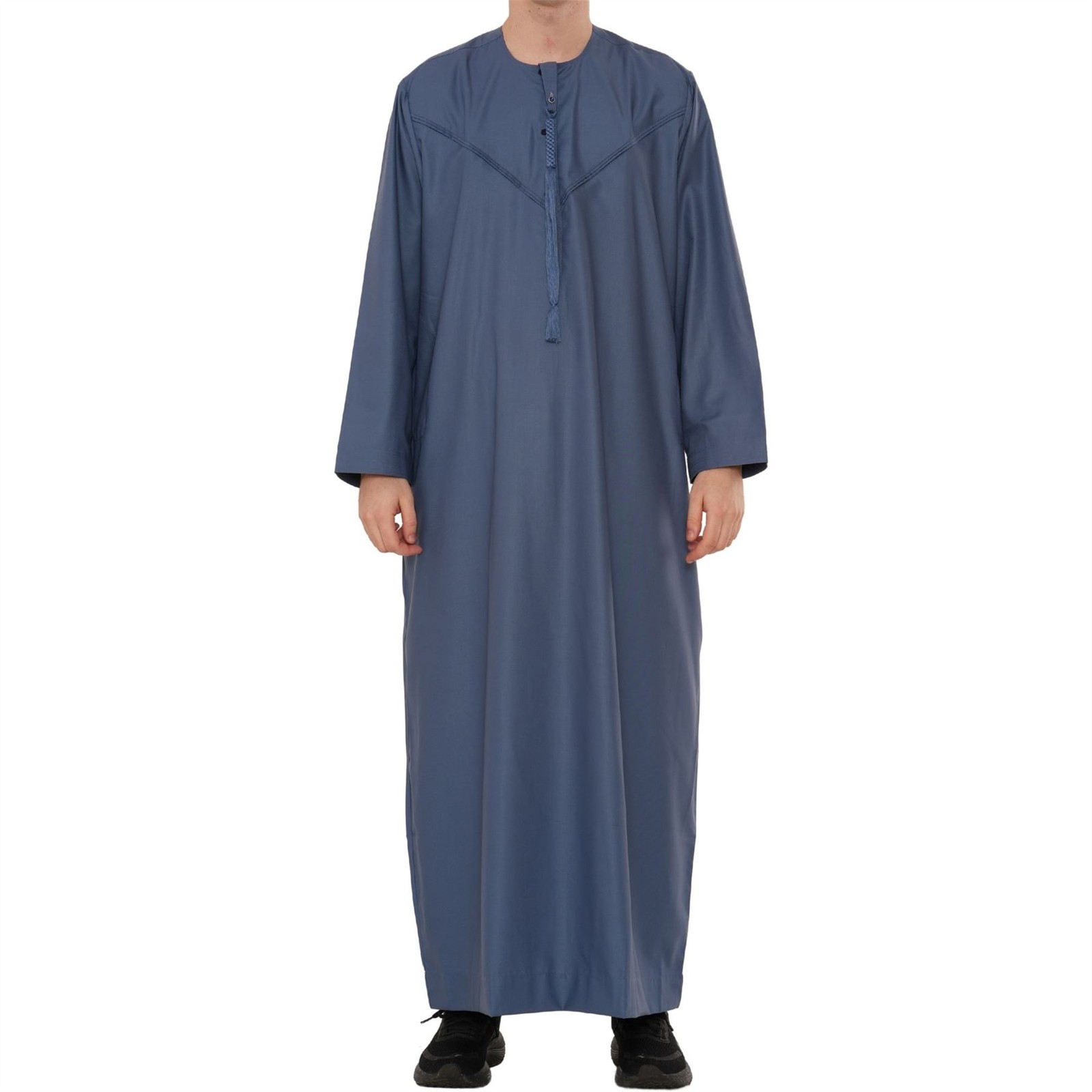 Men’s Blue Tassel Thobe Emirati Omani Jubba Islamic Clothing Zip Muslim String