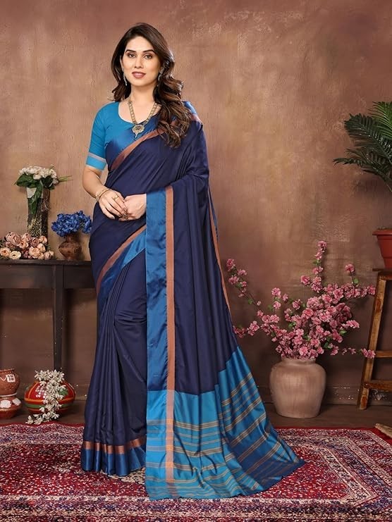Women’s Striped Pattern Cotton Silk Saree and Unstitched Blouse Piece