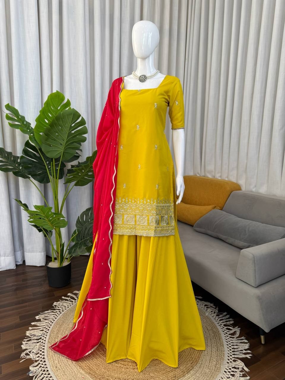Party Wear Natural Crep Silk Yellow Top Palazzo With Dupatta For Women & Girls