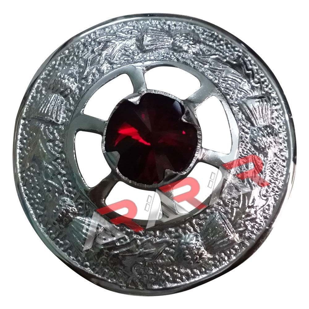 Ladies Brooch Kilt Fly Plaid Shawl Red Stone AAR Scottish Chrome Diameter 2″ New