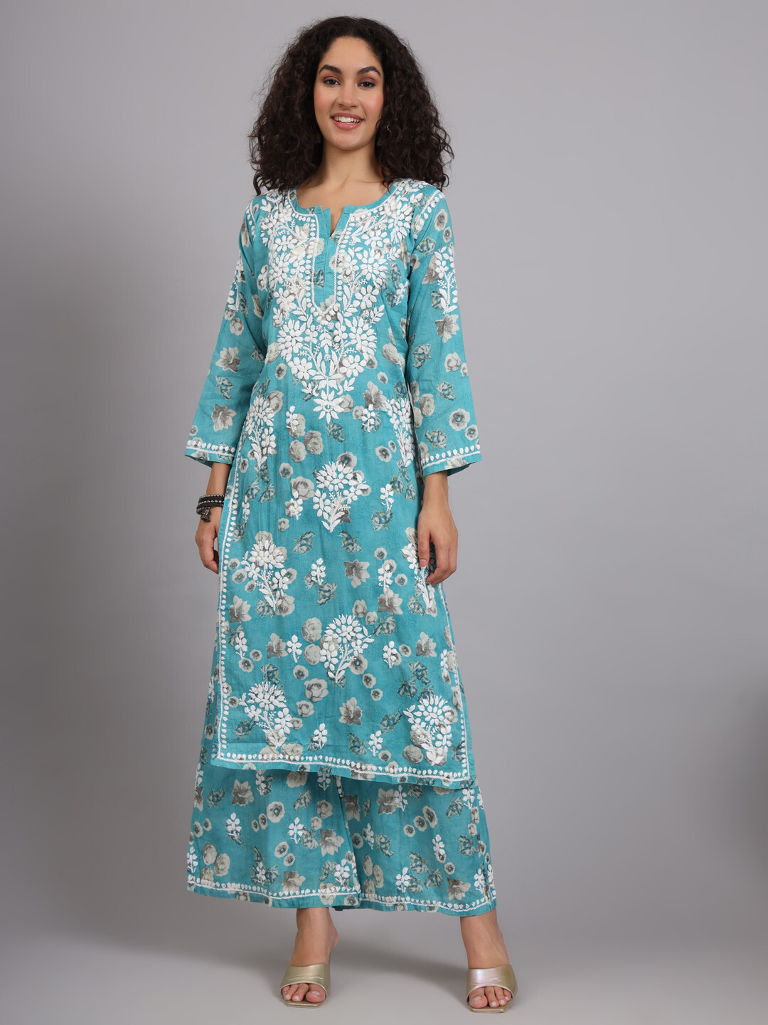 Green Mulmul Cotton Chikankari Straight Kurta Set Lucknow Chikan Handmade Set