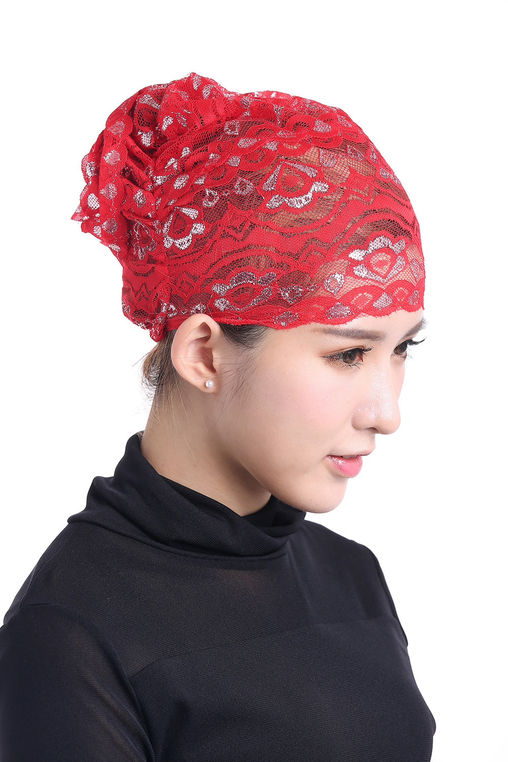 Muslim Womens Inner Hijab Cap Lace Flower Turban Headwear Islamic Headscarf Hats