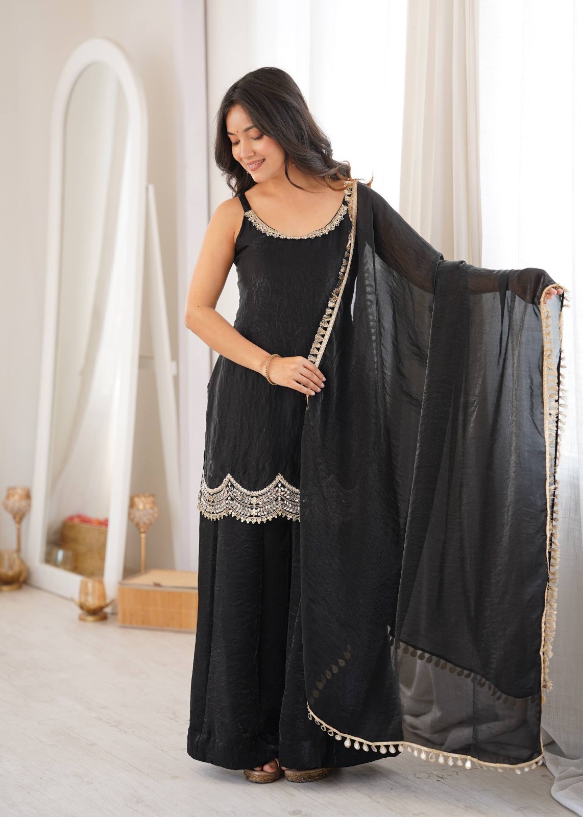 Fashionable Heavy Silk Black Top Palazzo With Dupatta For Women Function Wear