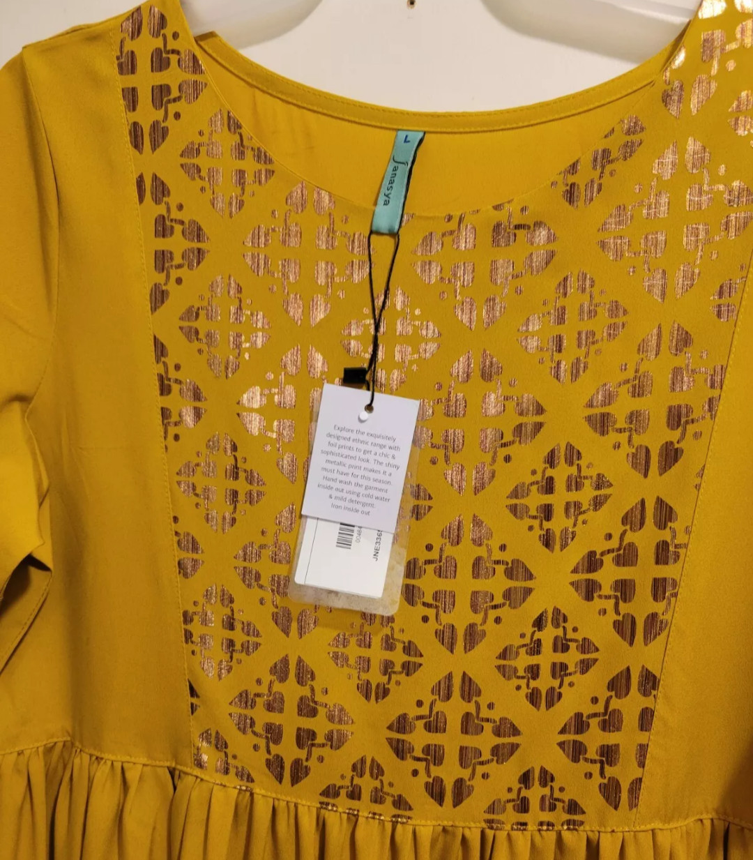 Janasya Indian Round Neck Half Sleeve Gold Print Mustard Poly Crepe Kurta